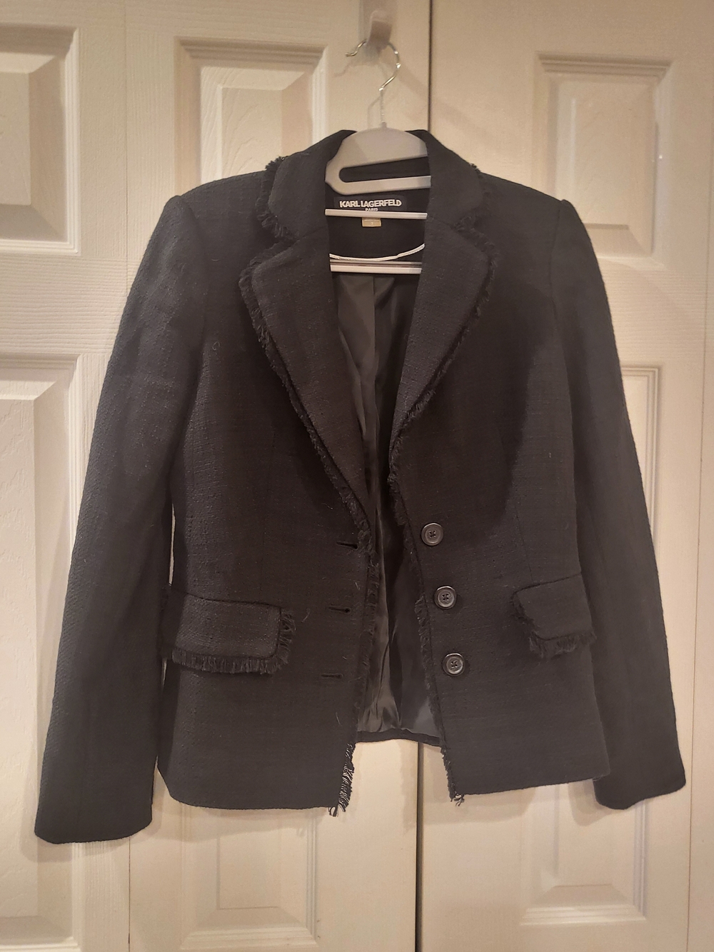 Karl Lagerfeld Paris Fringed Tweed Blazer Black Jacket Size 2